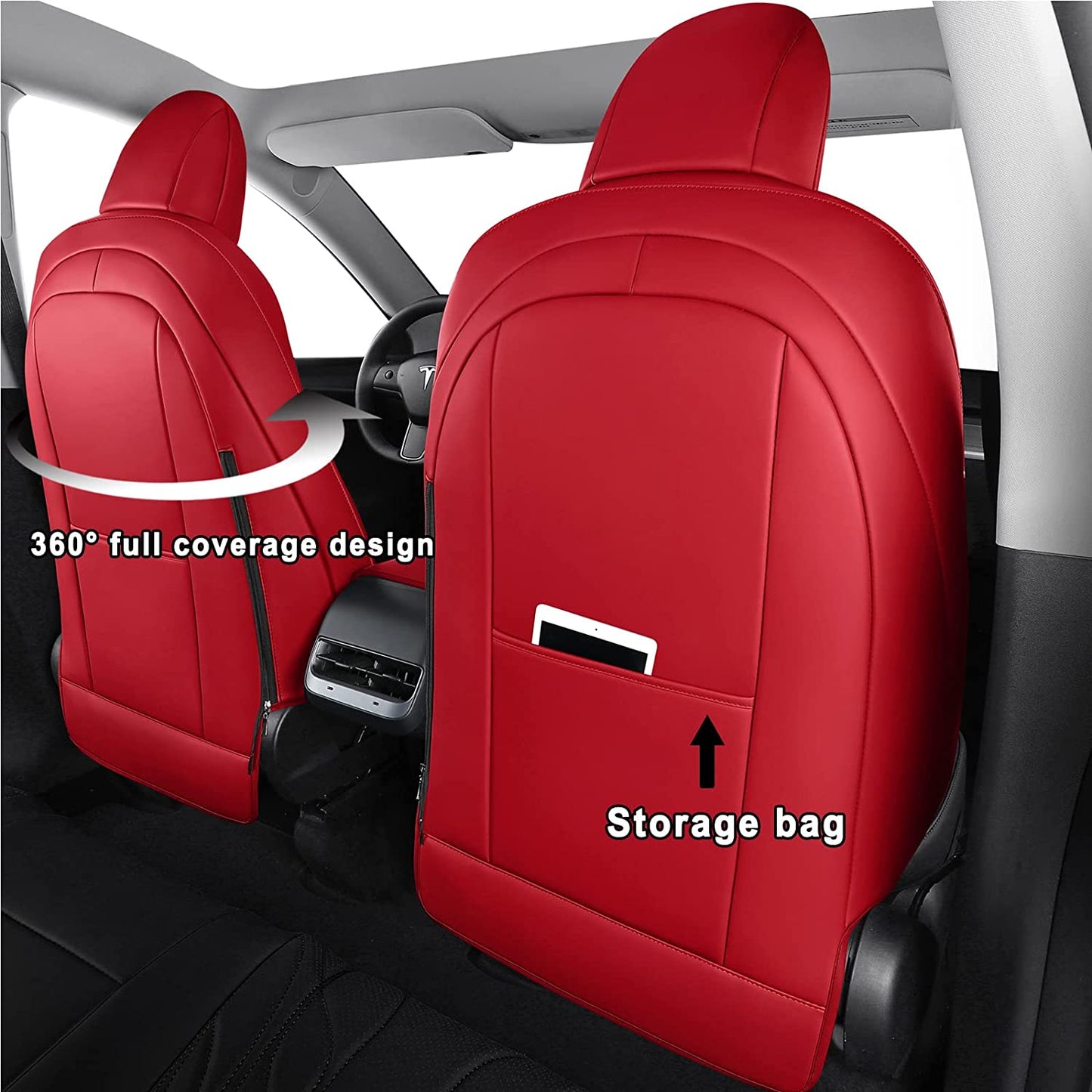 Tesla Model 3 Seat Covers Red, Waterproof Leather Front & Rear Tesla Car Seat Cover, Full Set Seat Cushion Protector Custom Fit for Tesla Model 3 2017-2023 (Full Set/Red)