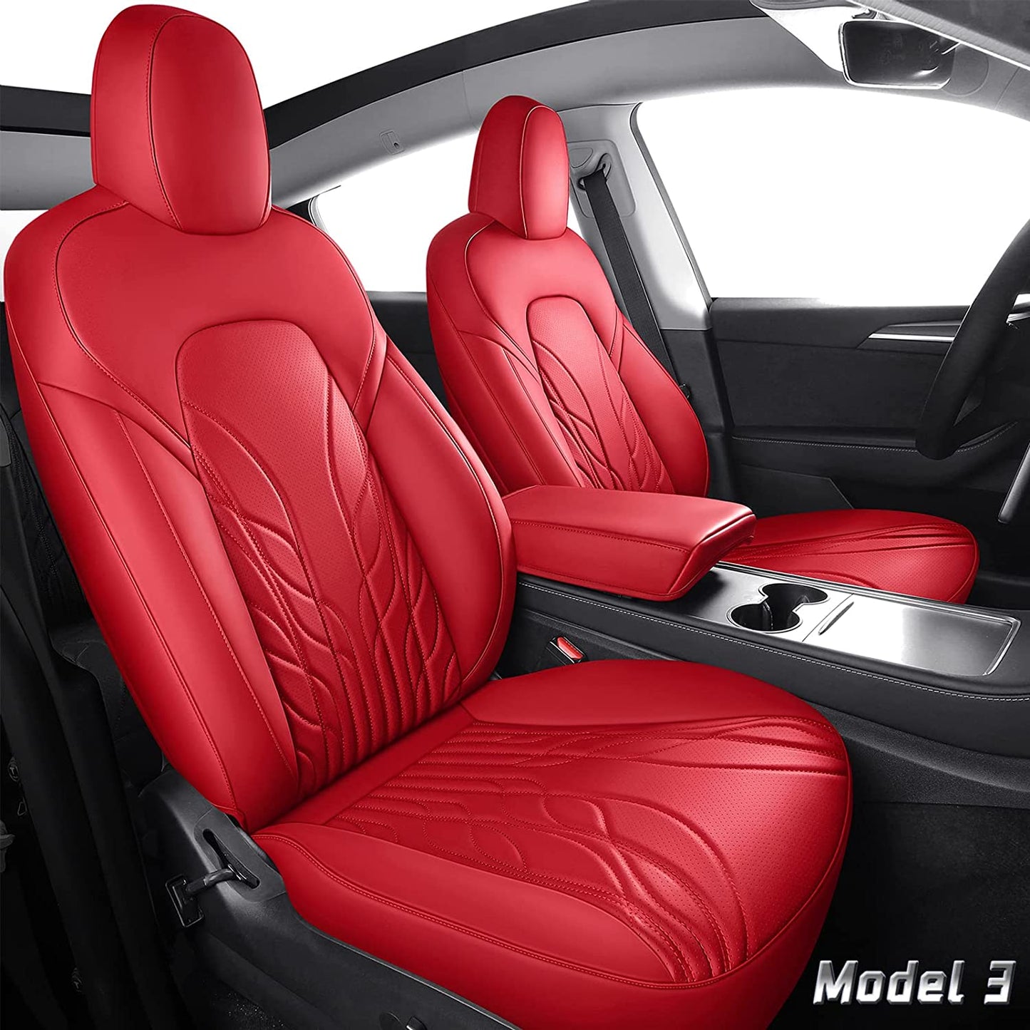 Tesla Model 3 Seat Covers Red, Waterproof Leather Front & Rear Tesla Car Seat Cover, Full Set Seat Cushion Protector Custom Fit for Tesla Model 3 2017-2023 (Full Set/Red)