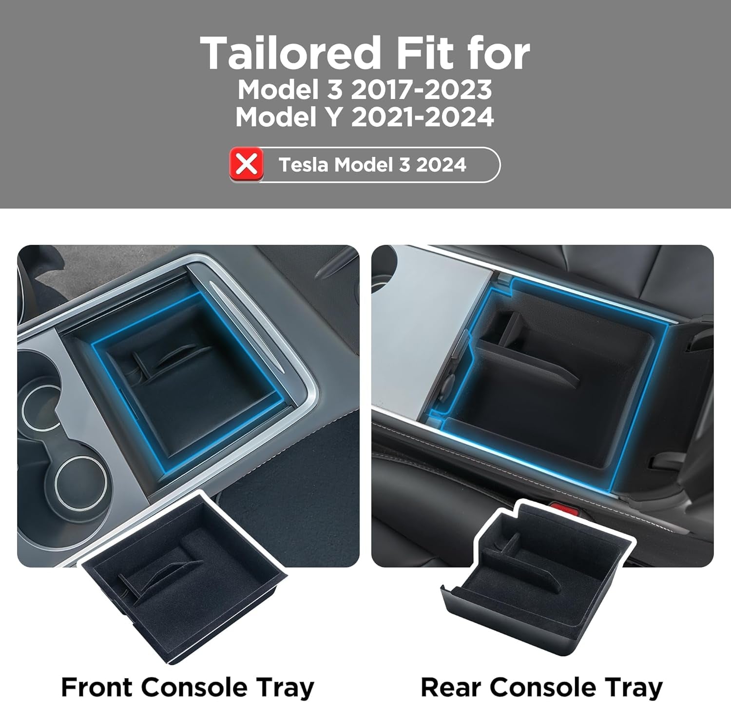 2Pcs Center Console Organizer for Tesla Model Y 2021-2024, Flocked Fabric Center Console Storage Organizer Set Include Console Front & Rear Organizer for Tesla Model 3 2017-2023