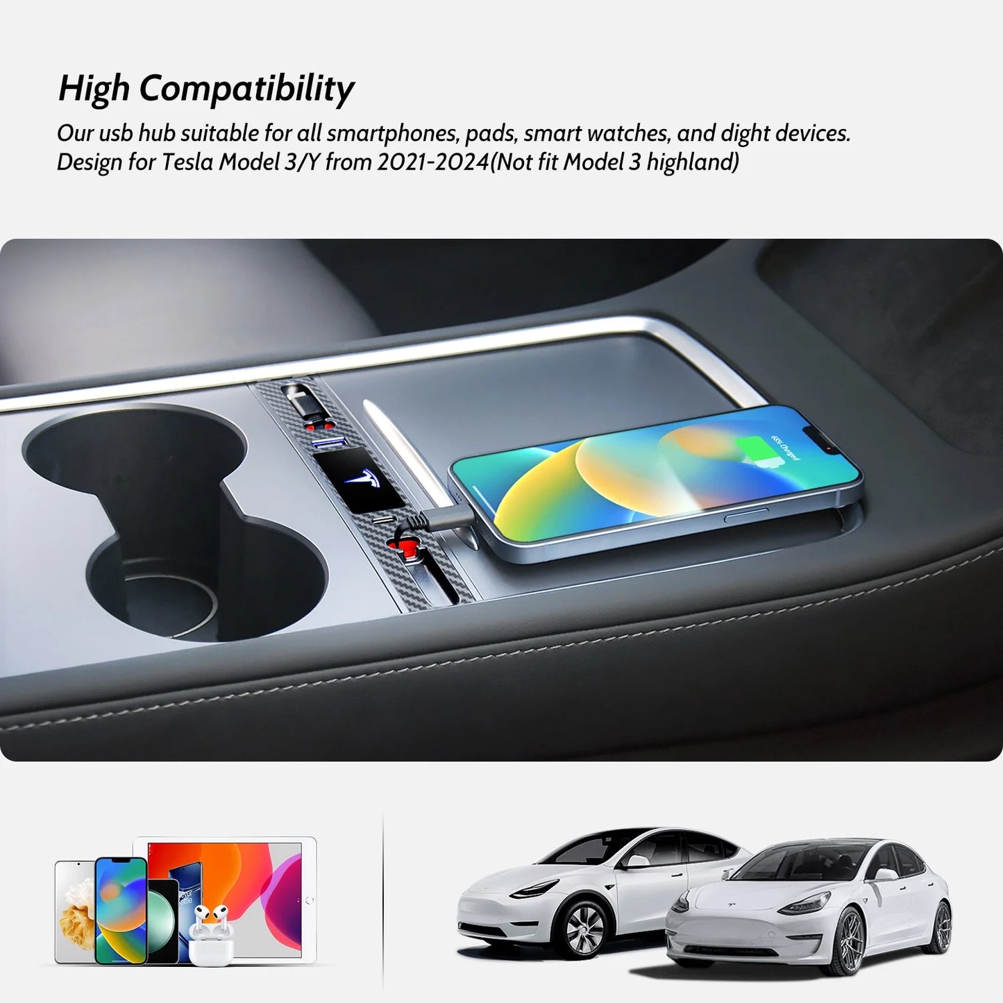 OEM Design for Tesla USB Hub (Silver Gray), Retractable Car Fast Charger Is Necessary Tesla Model Y/3 2024/2023/2022/2021 Accessories but Not for Model 3 Highland, Gifts for Tesla Owners…