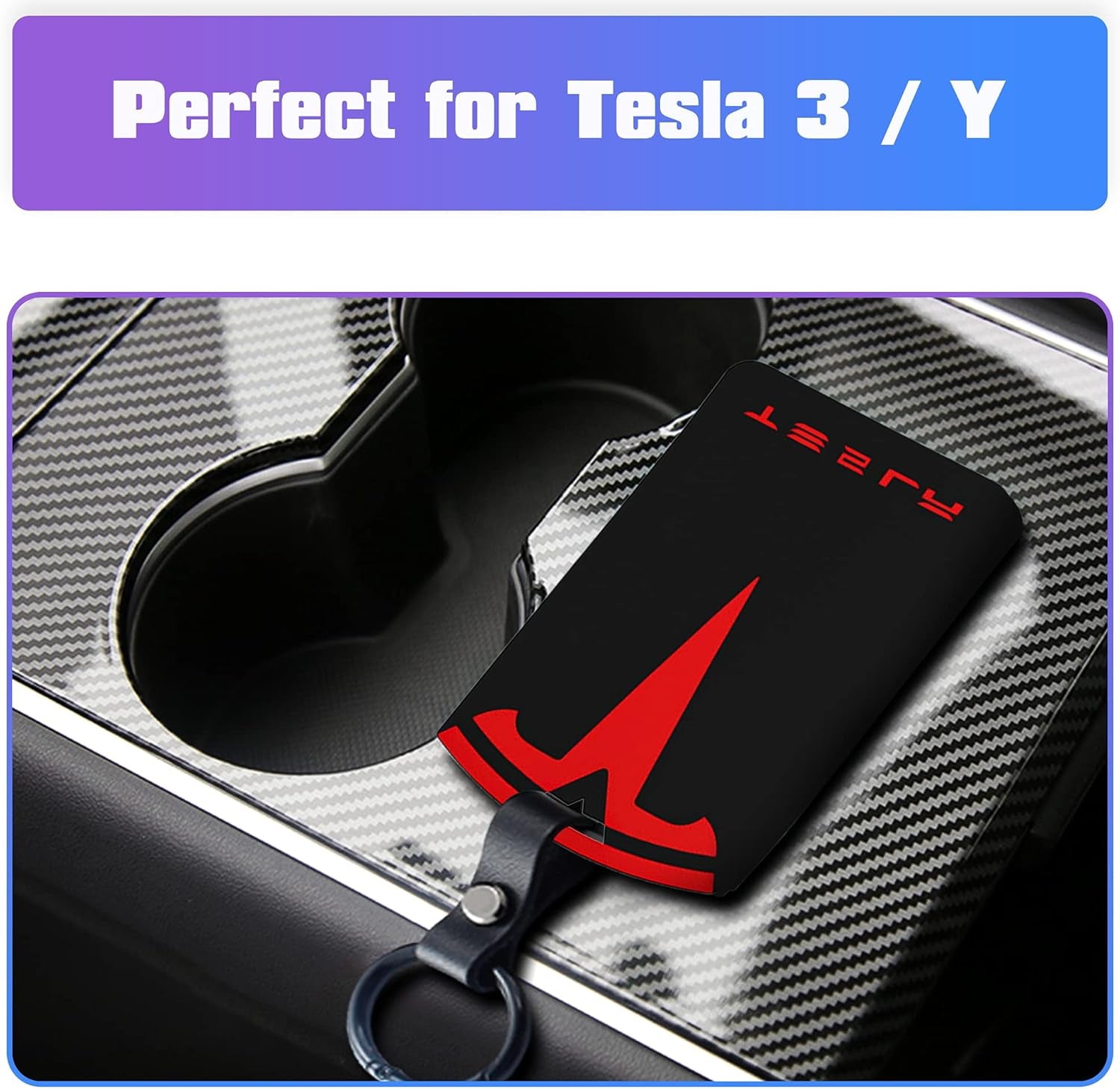 Tesla Key Card Holder Model Y and Model 3 Highland, Silicone Key Chain Protector Cover Accessories (Black and Red)