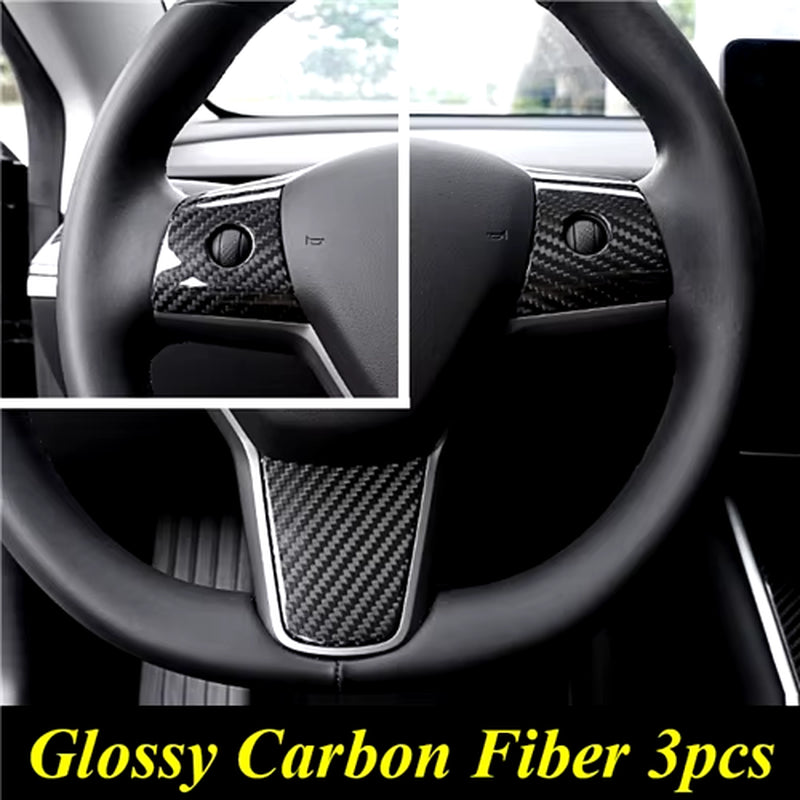 Glossy / Matte Real Carbon Fiber for Tesla Model 3 2017-2021 Model Y Car Accessories Interior Steering Wheel Button Cover Trim