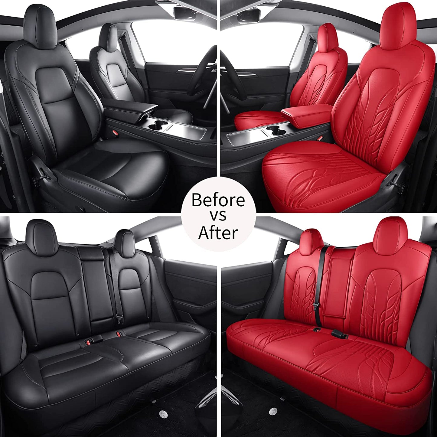 Tesla Model 3 Seat Covers Red, Waterproof Leather Front & Rear Tesla Car Seat Cover, Full Set Seat Cushion Protector Custom Fit for Tesla Model 3 2017-2023 (Full Set/Red)