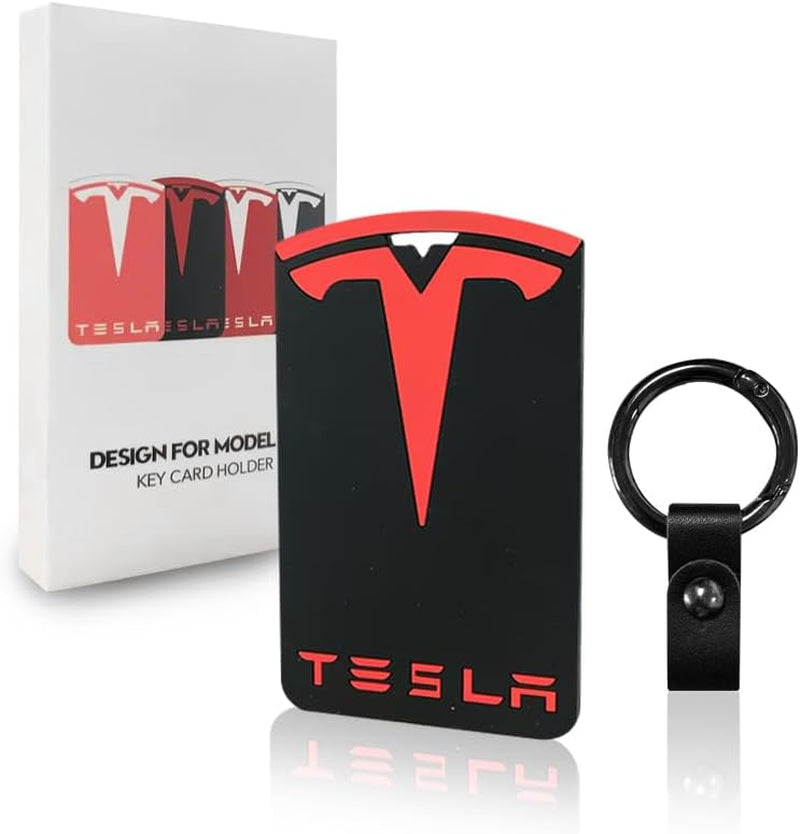 Tesla Key Card Holder Model Y and Model 3 Highland, Silicone Key Chain Protector Cover Accessories (Black and Red)