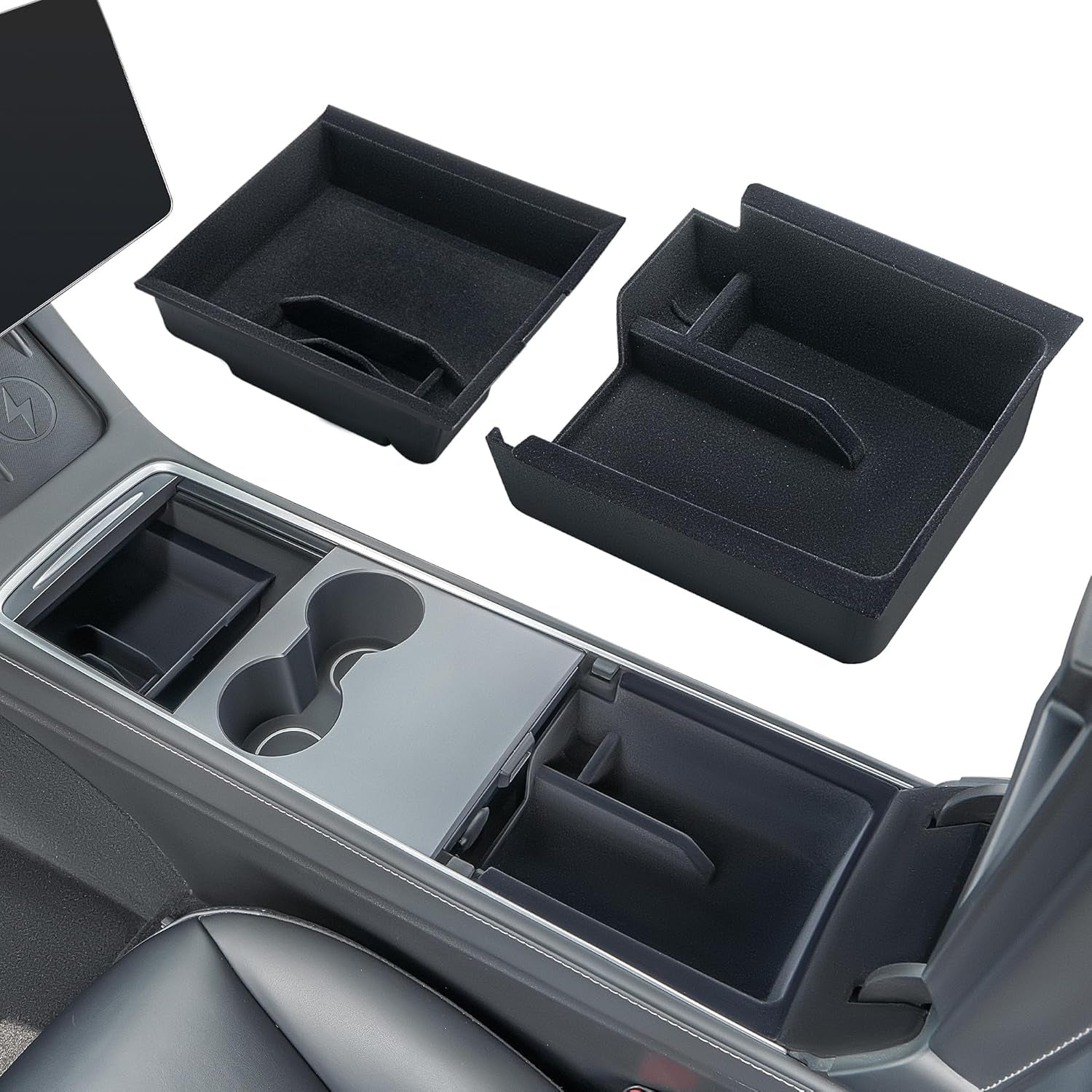 2Pcs Center Console Organizer for Tesla Model Y 2021-2024, Flocked Fabric Center Console Storage Organizer Set Include Console Front & Rear Organizer for Tesla Model 3 2017-2023
