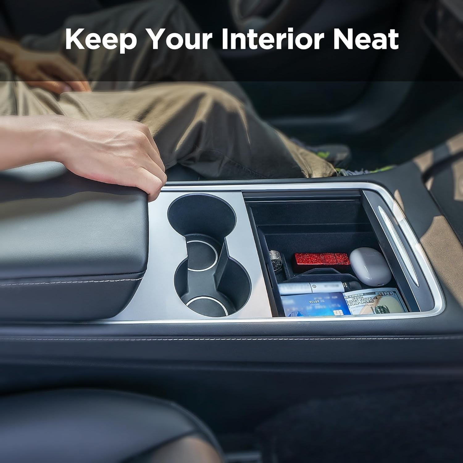 2Pcs Center Console Organizer for Tesla Model Y 2021-2024, Flocked Fabric Center Console Storage Organizer Set Include Console Front & Rear Organizer for Tesla Model 3 2017-2023